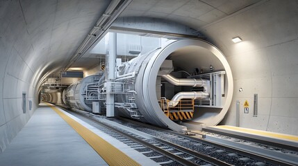 Poster - Detailed Cutaway View of a 3D Rendered Railway Tunnel Showing Intricate Ventilation Systems Tracks and Emergency Safety Exits for Transportation Infrastructure