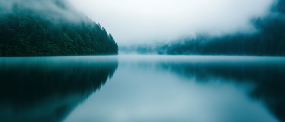 Poster - serene lake with mist hovering over still water, surrounded by foggy forest