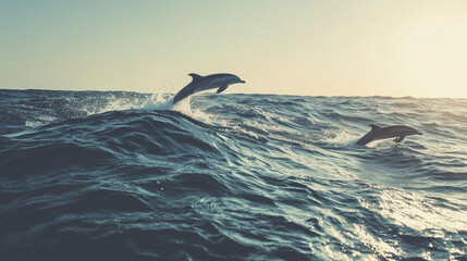Poster - Dolphins gracefully leaping through ocean waves at sunset, creating serene and dynamic scene. sun casts warm glow over water, enhancing natural beauty of moment