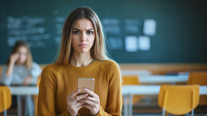 Aufkleber - woman with concerned expression holds smartphone in classroom setting, with chalkboard and desks in background