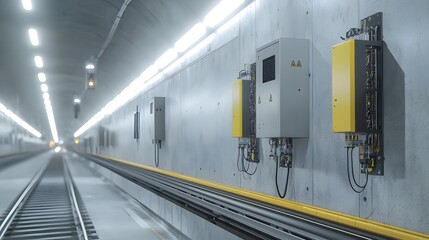 Leinwandbilder - Detailed technical showcasing the electrical and signaling systems being installed in a modern railway tunnel infrastructure  The image depicts the complex grid of wiring panels