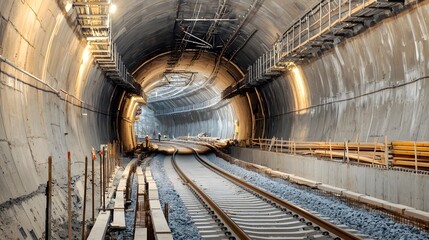 Poster - Detailed view of the construction phase of a curved railway tunnel showcasing the intricate engineering processes involved in building this complex transportation infrastructure