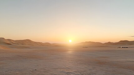 Poster - Ethereal desert sunrise casting a warm glow over a rugged mountainous landscape with sand dunes and a vast horizonless horizon  This serene and minimalist scene evokes a sense of isolation