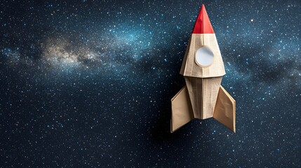 Poster - Folded Paper Rocket Soaring Through Starry Night Sky   Photo of Recycled Newspaper Spacecraft Launching Into Cosmos