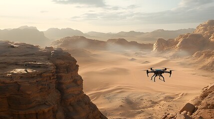 Poster - Futuristic extraterrestrial drone with advanced sensors scanning and mapping an otherworldly remote and desolate alien landscape of rugged canyons cliffs