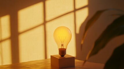 Poster - Warmly lit incandescent light bulb on a wooden base casting shadows on a textured wall, atmospheric interior. Creative lighting and design concept