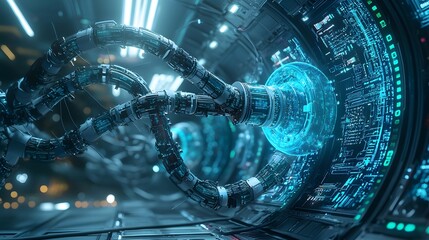 Aufkleber - Futuristic visualization of an alien quantum computer with fluid like glowing circuits processing and visualizing complex data in a captivating display of advanced technology and digital