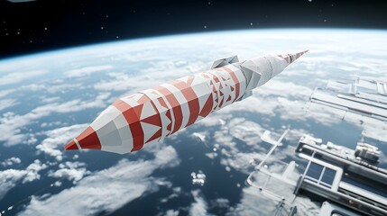 Poster - Geometric paper rocket designed with intricate patterns floating in a zero gravity outer space environment showcasing a futuristic and innovative concept of space and technology