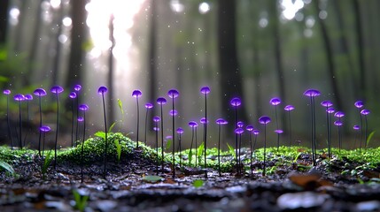 Aufkleber - Isolated and mysterious growth of black  gamma ray absorbing fungi thriving in the lush  mossy forest environment under a simulated UV light source  creating a surreal and conceptual natural scene