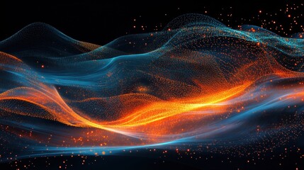 Poster - Abstract blue and orange energy waves flow across a dark background, speckled with light. Ideal for tech, energy, or science projects needing a dynamic, futuristic feel.