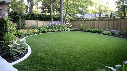 Aufkleber - Lush green lawn surrounded by vibrant flower beds and thriving foliage in a peaceful suburban backyard with a wooden perimeter fence