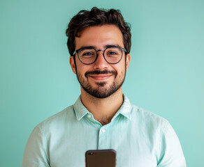 Portrait of a smiling man holding a smartphone indoor setting lifestyle image calm background engaging concept