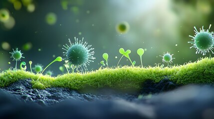 Aufkleber - Mesmerizing digital artwork depicting a close up visualization of glowing fungal spores exposed to gamma radiation emitting a faint greenish bioluminescence as they absorb the powerful energy
