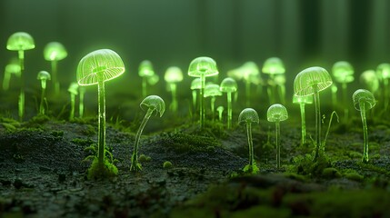 Poster - Mesmerizing Visualization of Fungal Spores Emitting a Faint Greenish Glow as They Absorb Gamma Radiation in a Surreal Ethereal Landscape