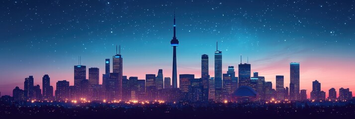 Wall Mural - City skyline illuminated at night with artificial lights and stars in a vibrant urban landscape. Generative AI