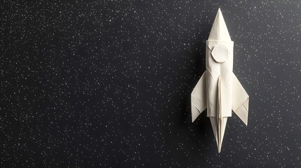 Fototapete - Origami Paper Rocket Spacecraft Silhouetted Against a Starry Black Backdrop with Intricate Folds and Geometric Details Symbolizing Creativity Innovation and the Spirit of