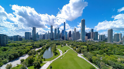 Wall Mural - Aerial view of vibrant city skyline surrounded by lush greenery and blue skies