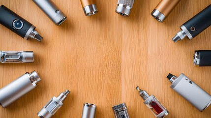 Poster - Overhead view of an assortment of vape devices e cigarettes and vaping equipment arranged in a circular pattern on a wooden table or surface  The image showcases various types of vaping mods tanks