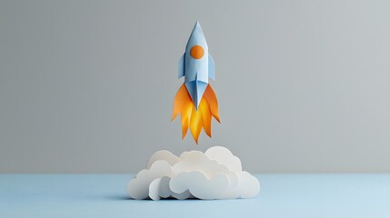 Poster - Paper Rocket Shooting from Paper Cloud with Flame like Edges   of a creative visionary and futuristic paper craft design concept showcasing a dynamic ignited rocket launch from a fluffy paper cloud