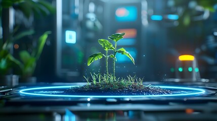 Poster - photo depicting a futuristic extraterrestrial agricultural system that utilizes advanced light beam technology to facilitate plant growth and cultivation