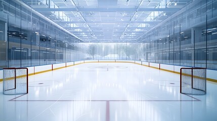  photograph of an indoor ice hockey rink set up in a chilled enclosed stadium with crisp white ice surface and goal cages at either end ready for a competitive winter sports event or tournament