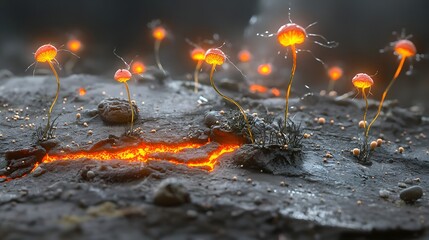 Poster - Photograph Showcasing a View of Fungi Colonizing a Radioactive Surface with Simulated Light Effects Representing the Absorption of Gamma Radiation