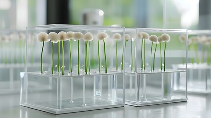 Poster - photographic image of an experimental laboratory setup showing various fungi samples exposed to controlled gamma radiation inside a specialized laboratory chamber for scientific research and analysis
