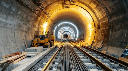 Poster - Photographic Image Showcasing the Equipment Materials and Infrastructure Involved in the Construction of a Railway Tunnel Including Steel Reinforcement Concrete Segments