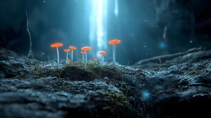 Wall Mural - representation of fantastical fungi species evolving and adapting to survive in a gamma ray rich outer space environment showcasing their bioluminescent radiant and otherworldly characteristics