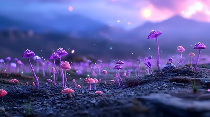 Poster - representation of fungi evolving to survive in a gamma ray rich outer space environment  Glowing levitating mushrooms in a surreal cosmic landscape