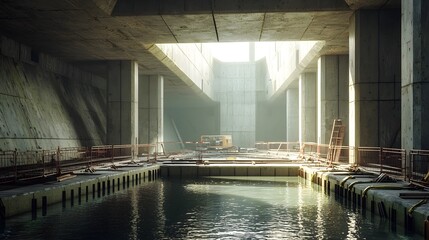 Poster - Sectional view of an underwater railway tunnel construction site featuring waterproof barriers and support beams designed to facilitate the complex engineering project