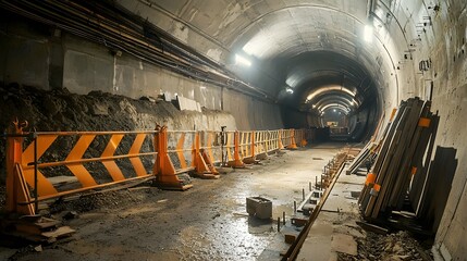 Poster - Sectional view of a photo depicting an underwater railway tunnel construction site featuring waterproof barriers support beams
