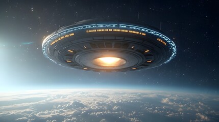 Fototapete - Sleek and Organic Advanced Alien Spacecraft Hovering in the Atmosphere of an Unknown Mysterious Planet with a Futuristic Otherworldly Appearance