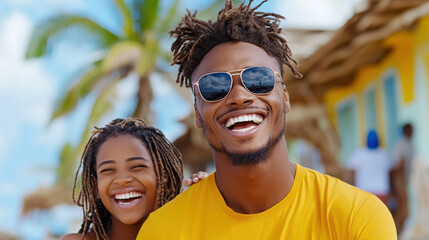 Sticker - Smiling couple enjoying sunny day at beach with palm trees