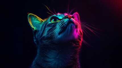 Poster - Cat with colorful neon lights looking upwards in a dark background. Modern art and digital illustration concept