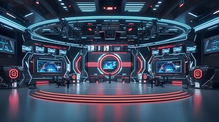 Poster - Stunning high tech eSports arena featuring a futuristic stage design with vibrant neon lighting creating an immersive and visually captivating atmosphere for competitive gaming events and tournaments