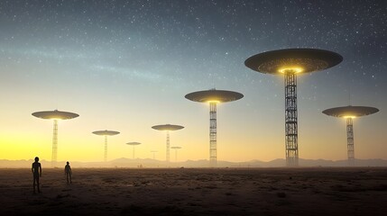 Poster - Surreal and futuristic alien cityscape featuring floating structures and bioluminescent towers illuminating the night sky against a backdrop of twinkling stars and a mysterious atmosphere