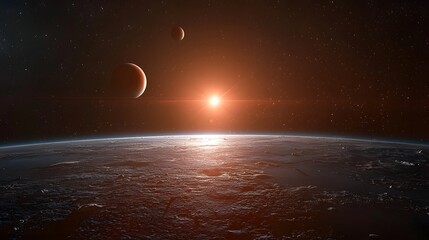 Poster - time lapse photography showcasing the day night cycle of the exoplanet Proxima b as it orbits its dim red dwarf star Proxima Centauri in a distant binary system