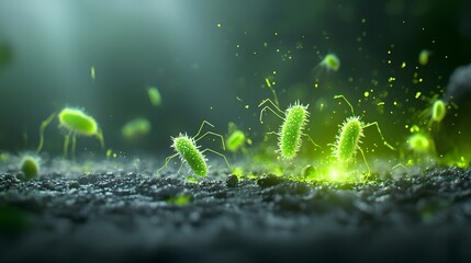 Poster - Visualisation of glowing fungal spores exposed to gamma rays emitting a faint ethereal greenish glow as they absorb the energy of the radiation