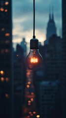 Poster - Single glowing light bulb against cityscape during twilight with blurred bokeh lights. Urban innovation and creativity concept.