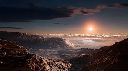 Poster - visualization of the hypothetical surface of the exoplanet Proxima b with oceans reflecting the faint red light of its nearby red dwarf star in a dramatic otherworldly landscape