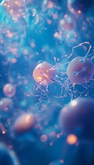 Poster - Abstract representation of cells with tendrils in a blue fluid