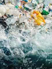 Aufkleber - Plastic fragments mixed with ocean waves highlighting pollution concerns in marine environments. Generative AI