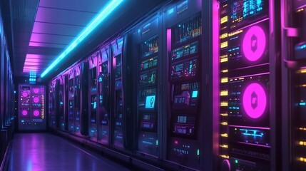 Aufkleber - Neon-Lit Server Room: Futuristic Data Center Interior