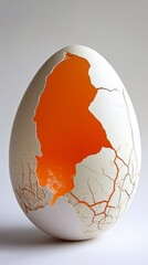Poster - Cracked white egg with vibrant orange interior on plain background. Creativity and breaking boundaries concept