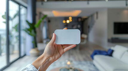 Hand Holding a Blank Card in a Modern Home Interior