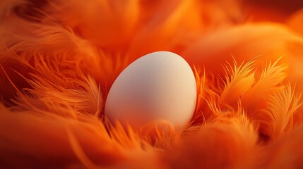 Poster - Single white egg nestled in vibrant orange feathers, soft light and dreamy atmosphere. Nature's beauty and simplicity concept