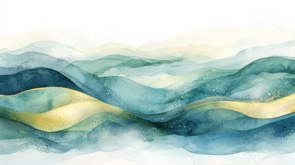 Poster - Abstract watercolor landscape with soft waves in green and gold tones
