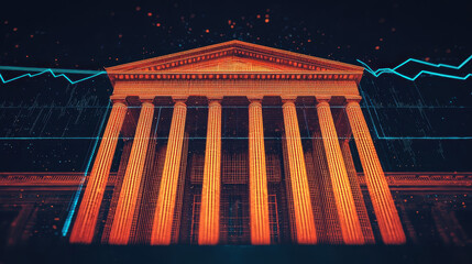 Poster - Digital representation of financial institution with columns and graphs , Recession concept