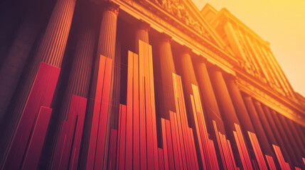 Poster - Business growth graph with vibrant colors against classical building backdrop. , Recession concept